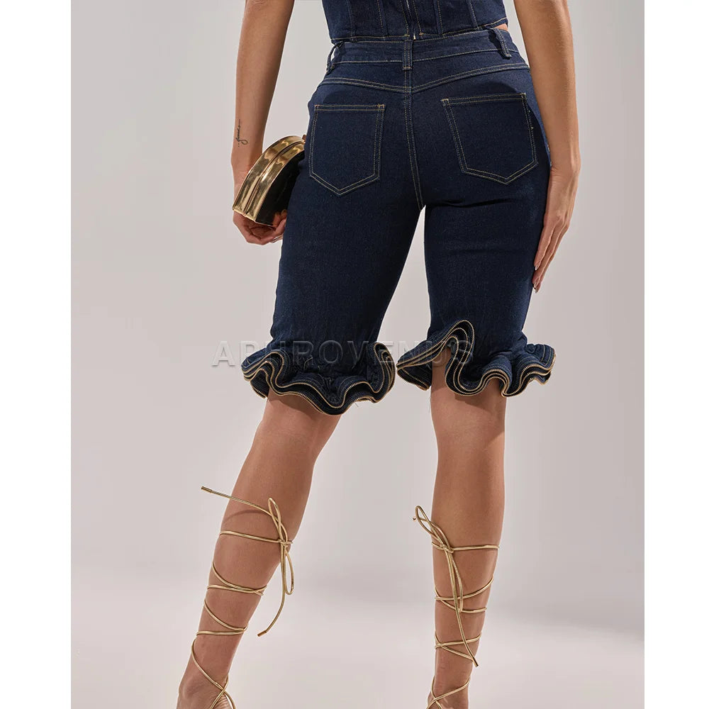 Casual High Waist Ruffle Hem Denim Shorts For Women
