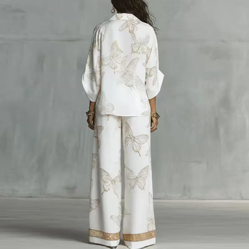 Butterfly Print Two Piece Shirt And Wide Leg Pants Set for Women