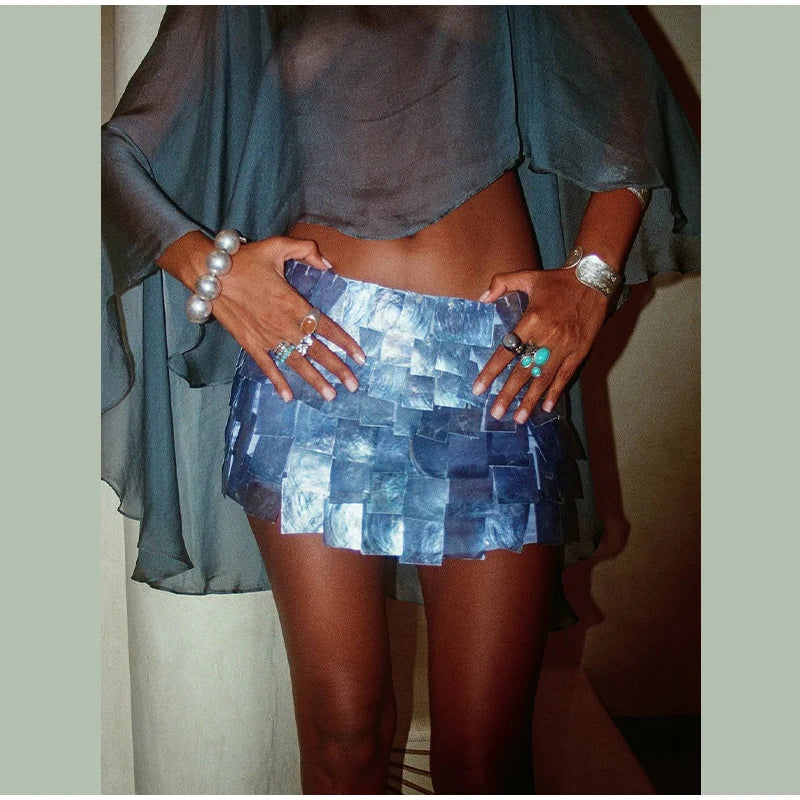 Sheer Chiffon Cape Top and Sequin Mini Skirt Set for Women