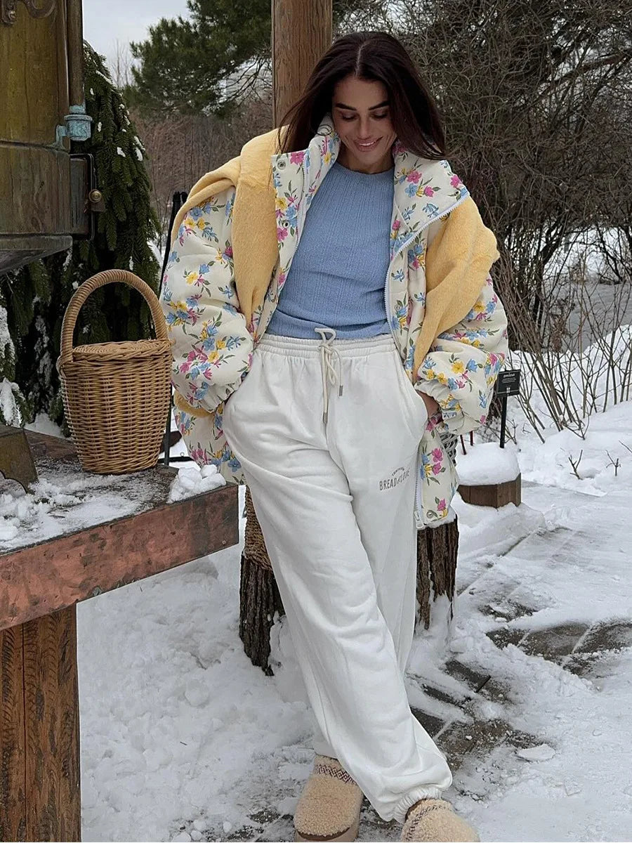 Floral Print Oversized Stand Collar Puffer Jacket For Women
