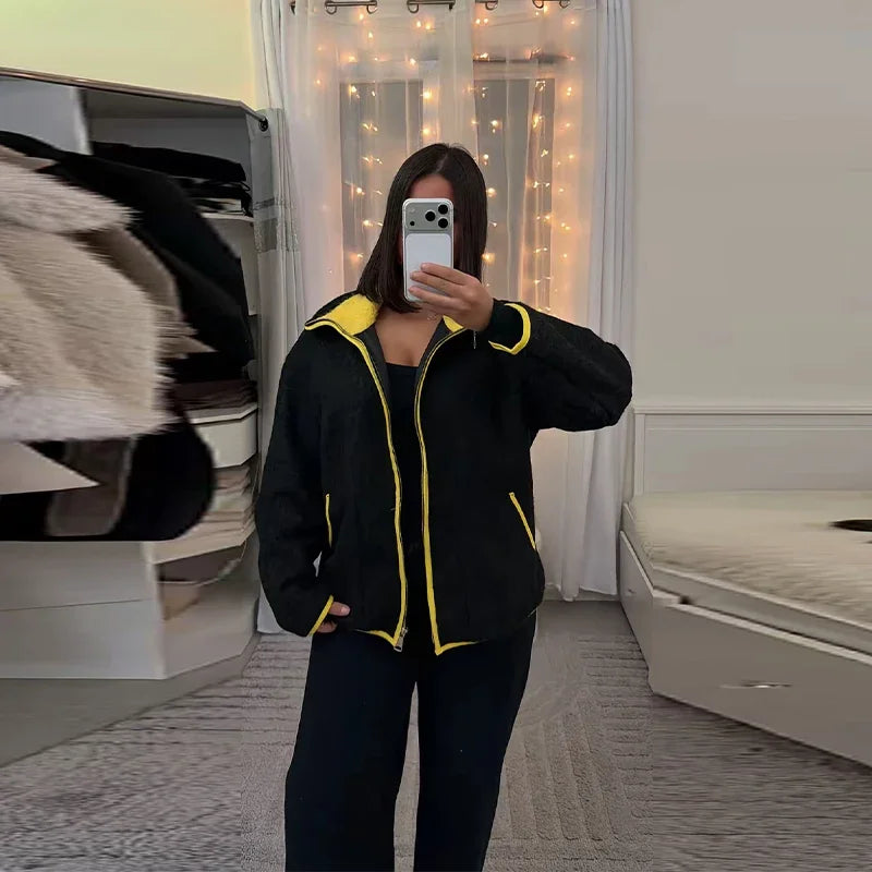 Fuzz Yellow Contrast Long Sleeve With Zipper Coat for Women