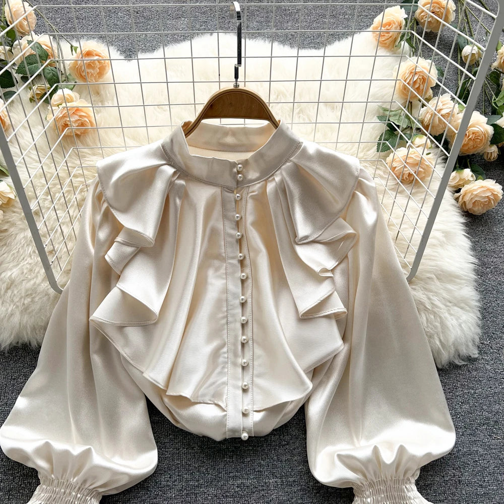 Elegant Satin Ruffle Long Sleeve Blouse for Women