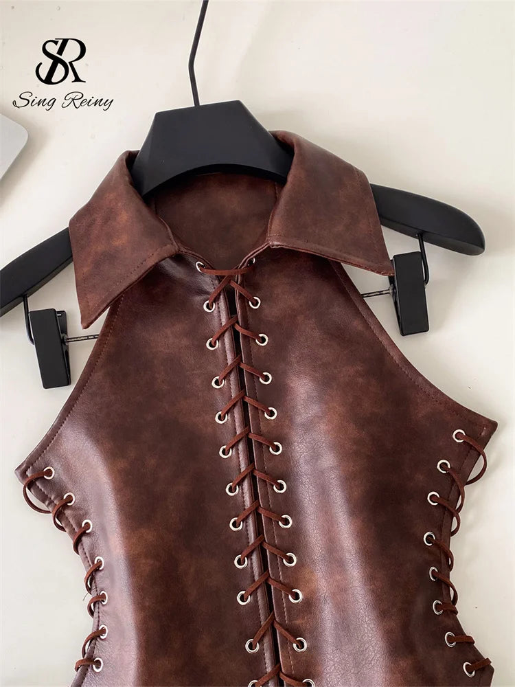 Retro Lace Up Faux Leather Sleeveless Bustier Top for Women