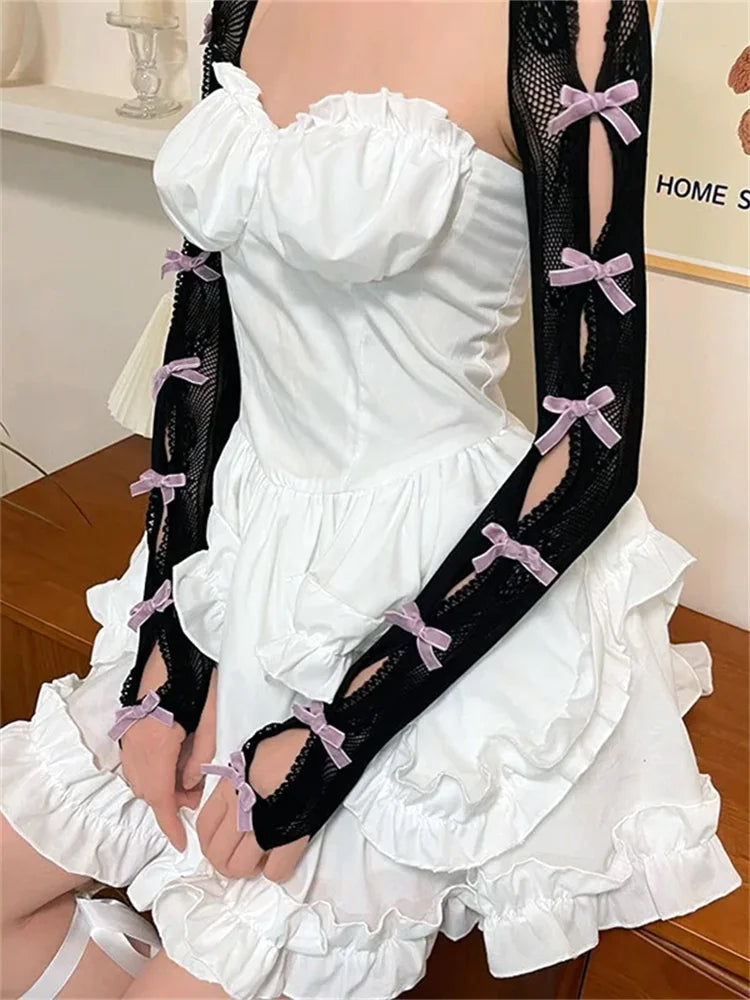 Open Front Lace Bow Fishnet Gloves Retro Gothic for Women