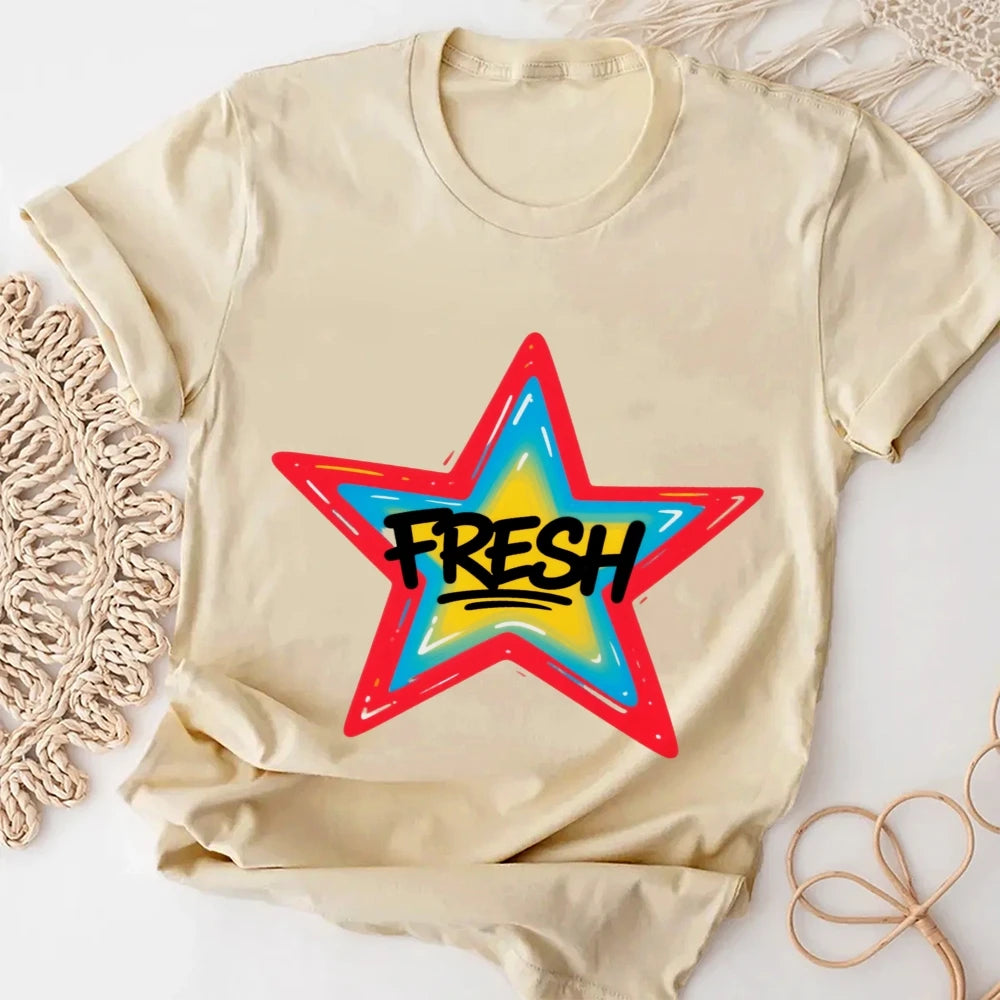 Graffiti Style FRESH Colorful Star Graphic Tee Casual White T-Shirt with Vibrant Gradient Star Design for Trendy Urban Fashion