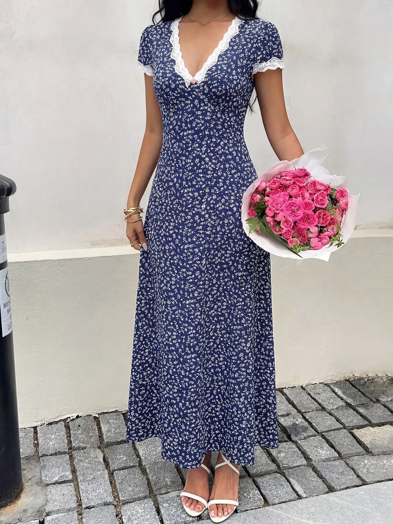 Elegant Patchwork Lace Midi Dress with Casual Print for Women
