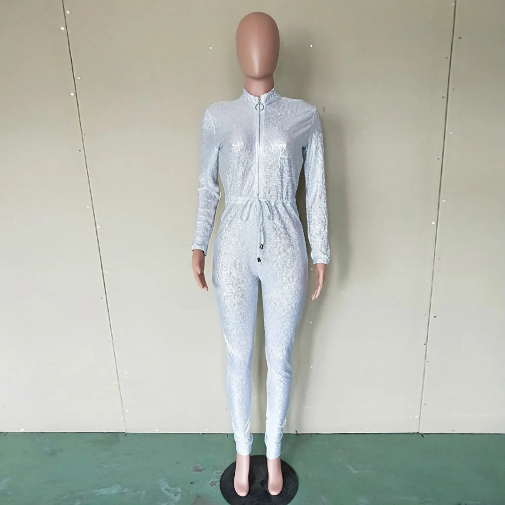 Elegant Silver Metallic Zippered Club Jumpsuit For Women