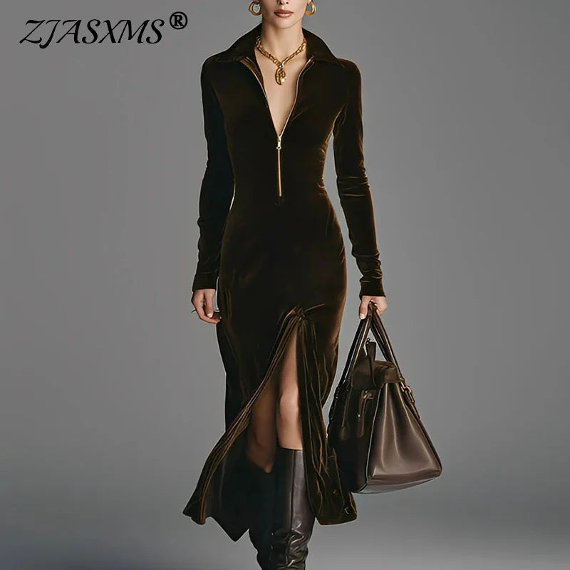 Woman Casual Zipper Turn-down Collar Velvet Dress Autumn Solid Front Split Long Party Dresses Winter Long Sleeve Slim Maxi Dress