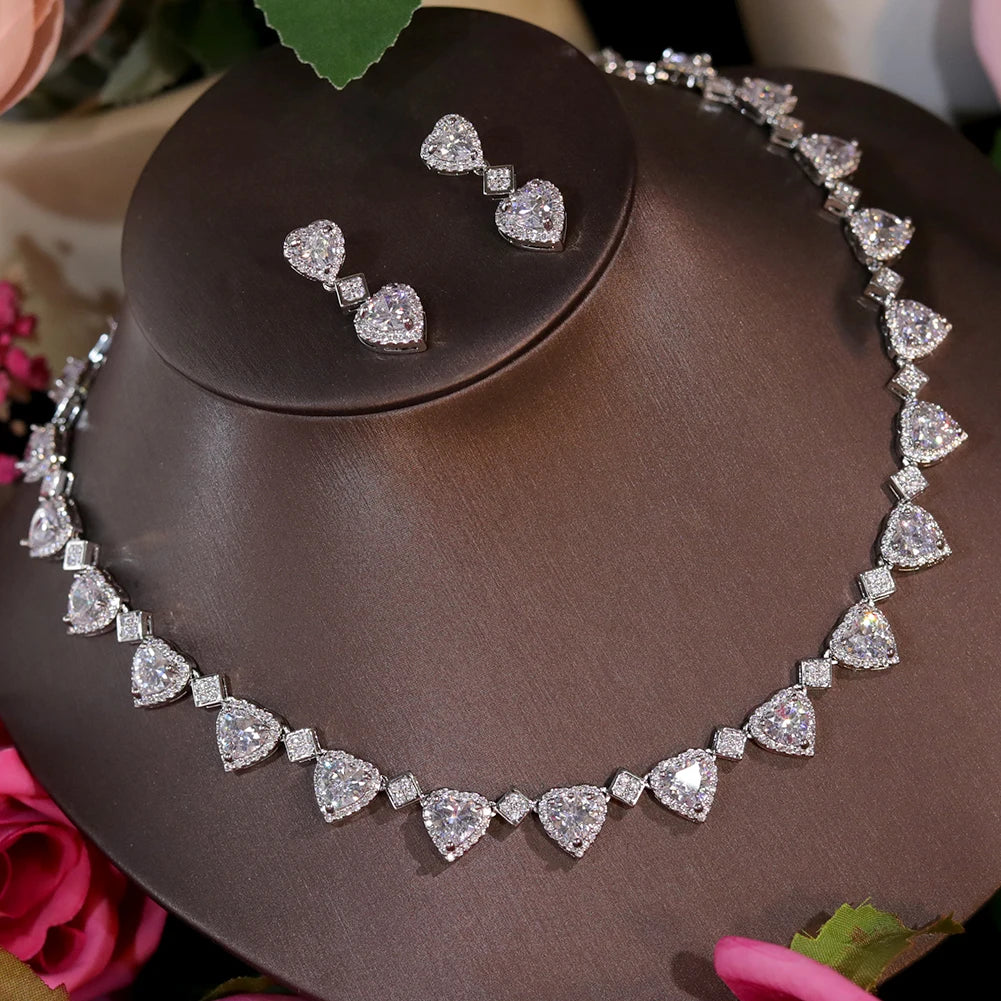 Pink Heart Crystal Necklace And Earring Set For Women