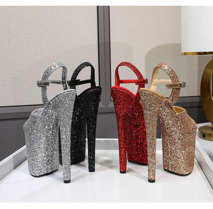 Elegant Sequined Gold High Heel Platform Sandals for Women
