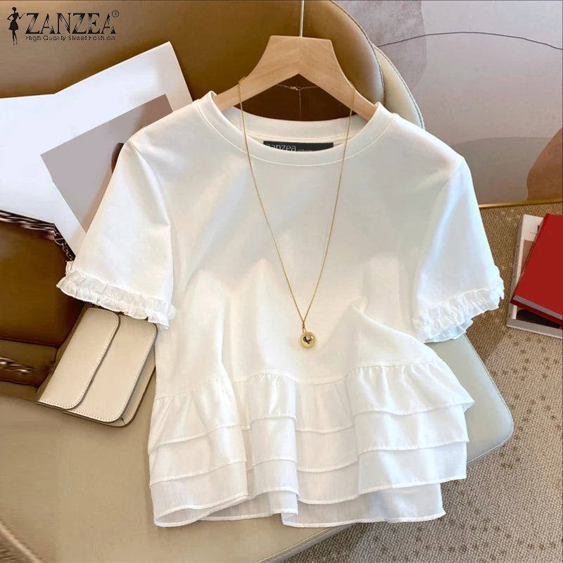 ZANZEA Woman Summer Fashion Chic T-Shirts Round Neck Short Sleeve Ruffle Trim Layered Hem Contrast-Color Casual Patchwork Tees