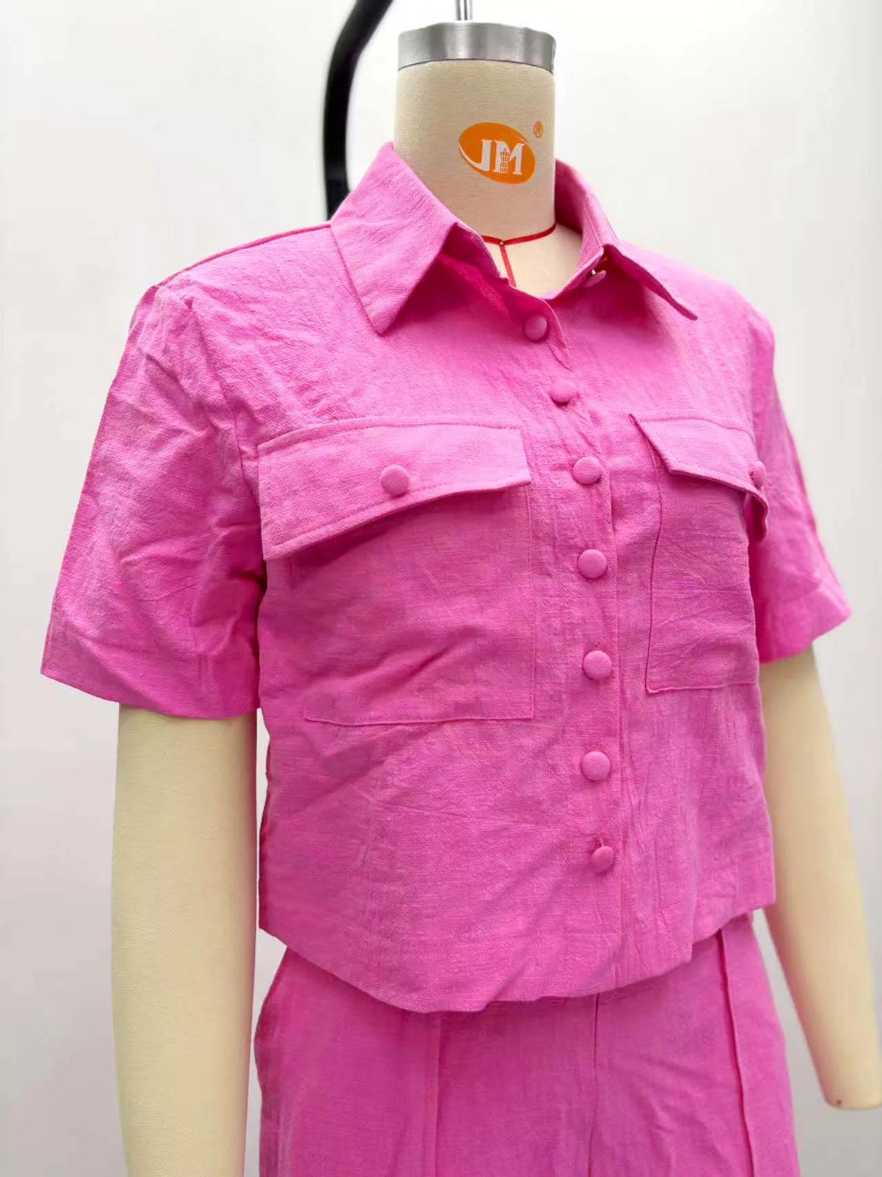 Two Pieces Women Pant Sets Solid Matching Sets Pocket Button Short Sleeve Top Empire Waist Wide Leg Pants Loose Fit 2025 Summer