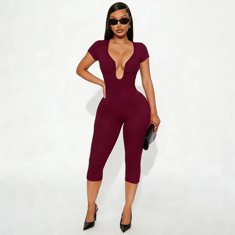 Patchwork Irregular Low-Neck Short Sleeve Stretch Playsuit for Women