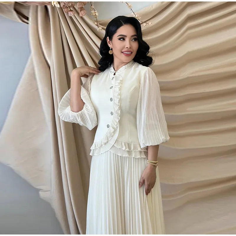 Ruffle Lantern Sleeve Top and Pleated Skirt Set for Women