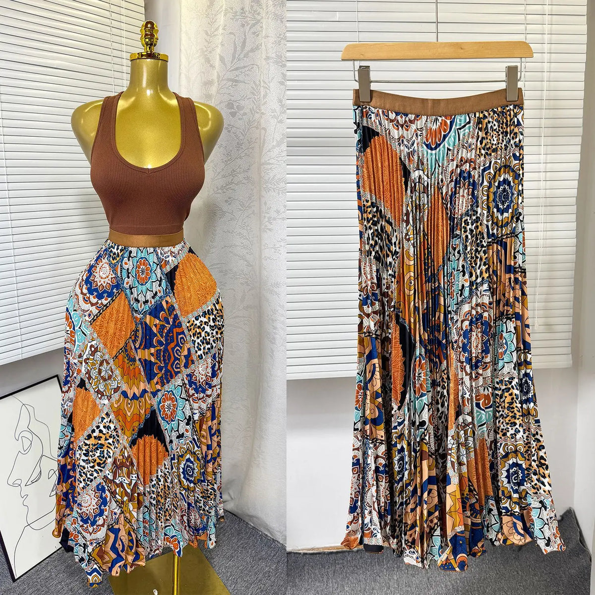 Floral Ruffle A Line Midi Skirt with Elastic Waist for Women