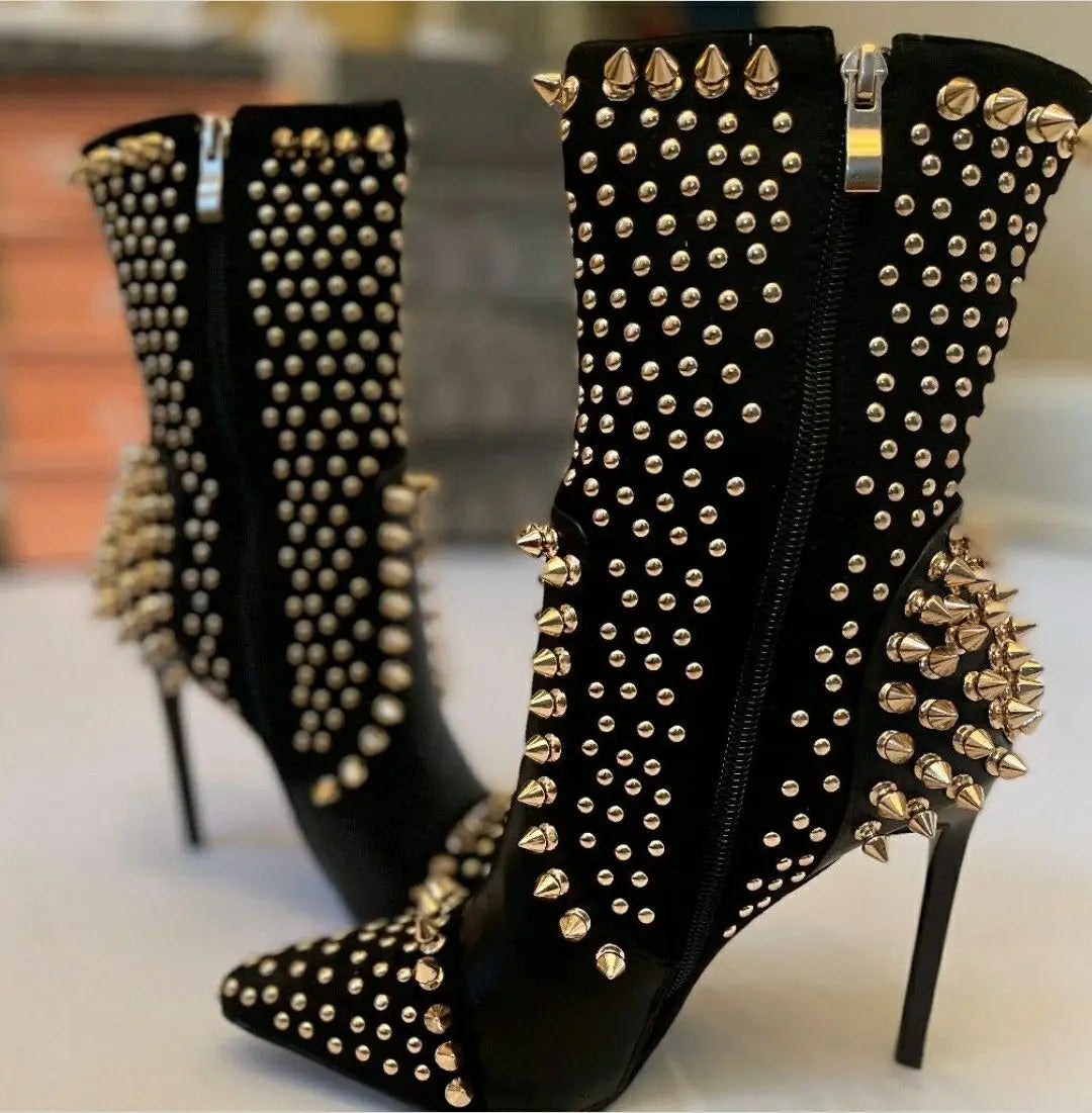 Punk Style Pointed Toe Rivet Side Zipper Mid-Calf Boots for Women