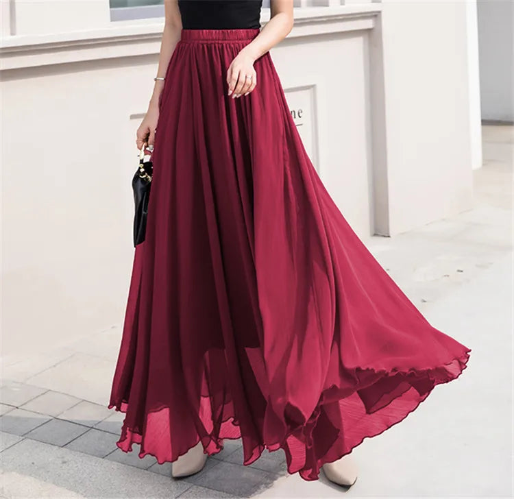 Elegant Solid Color Chiffon A-Line Skirt with High Waist for Women