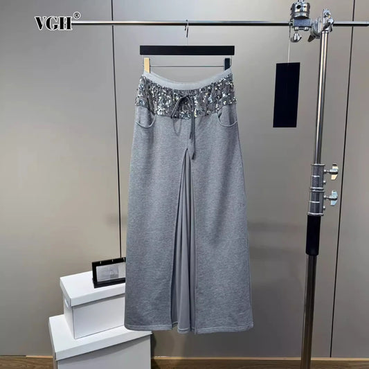 VGH Elegant Office Lady Patchwork Sequined Long Skirt for Women High Waist Spliced Mesh Split Temperament Skirts Female Spring