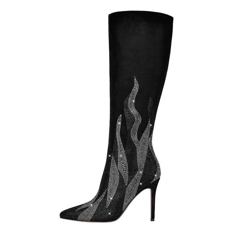 Pointed Toe Rhinestone Knee High Boots with Thin Heels for Women