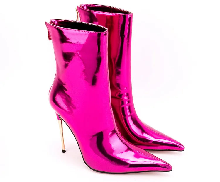 Shiny Blue Mirror Stiletto Boots with Side Zipper for Women