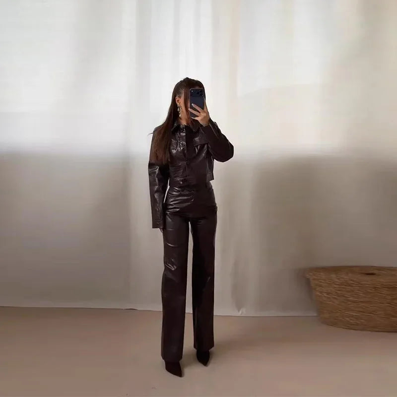 PU Leather Turn-Down Collar Jacket and Pants Set for Women