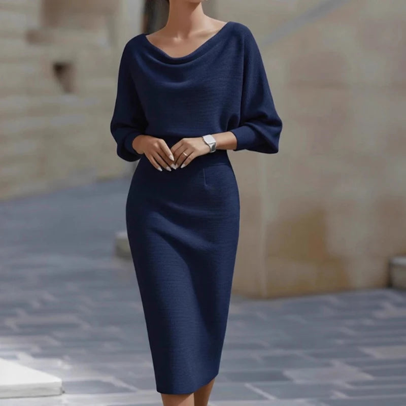 Office Lady Solid High Waist Slim Hips Dress 2026 Spring Sexy O Neck Zipper Slit Party Dresses Autumn Batwing Sleeve Woman Dress