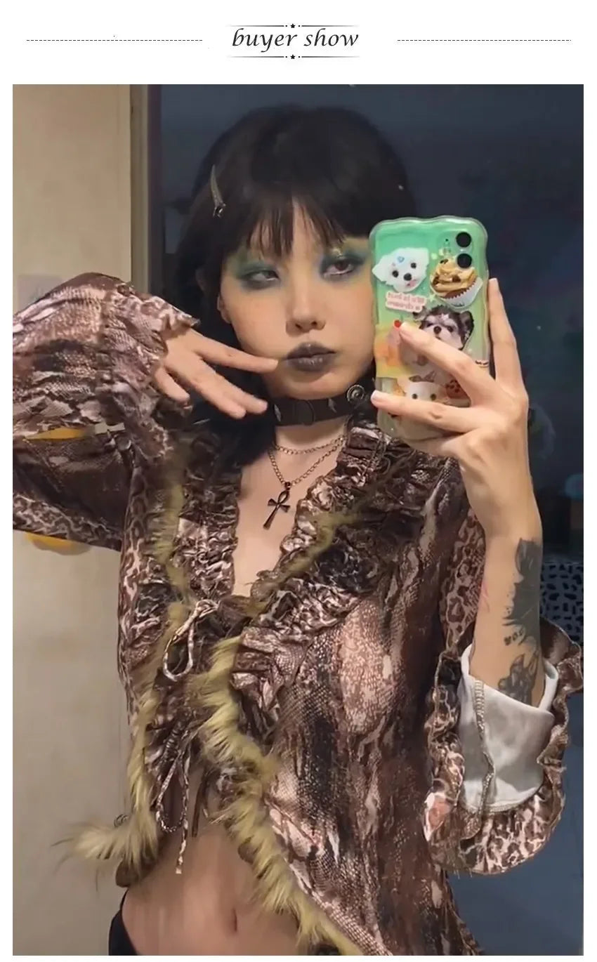 Karrram Japanese Y2k Leopard Print Shirt Vintage Harajuku Fur Shirt Grunge Aesthetics V-neck Irregular Blouses American Retro