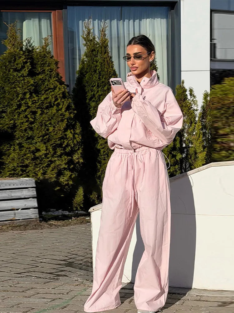Solid Loose Suit Set with Stand Collar Crop Top and Drawstring Pants for Women