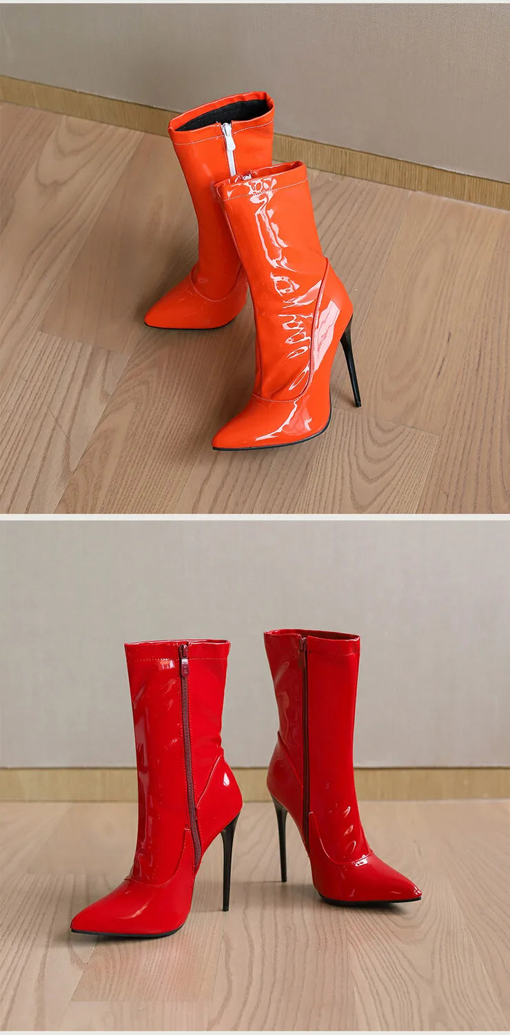 Pointed Toe Soft Patent Leather Side Zipper Stiletto Ankle Boots for Women