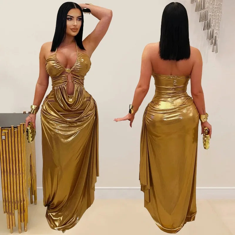Gold Metallic Halter V Neck Backless Ruched Evening Dress for Women