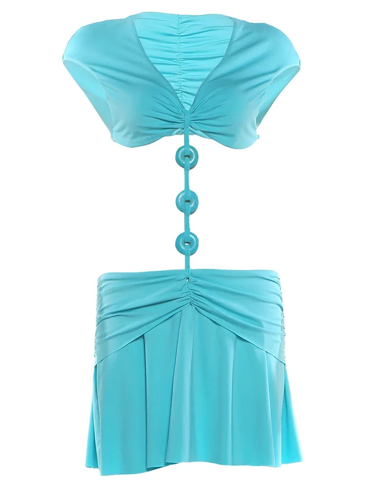 Blue Patchwork Buckle V Neck Bodycon Mini Dress for Women