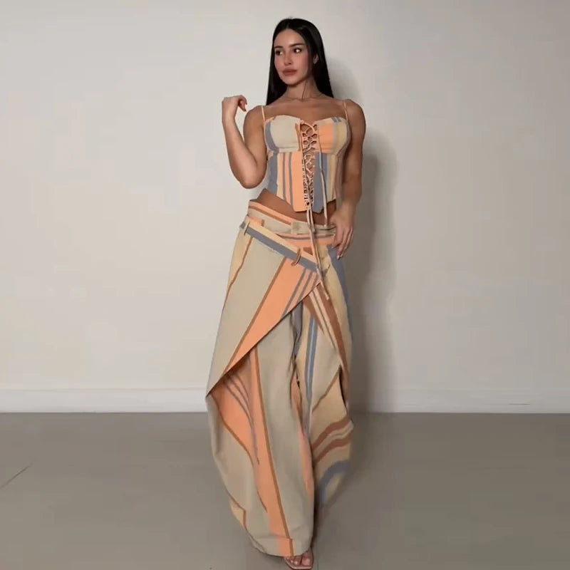 Striped Patchwork Vest and Asymmetric Trousers Set for Women