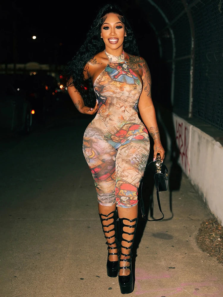 Weird Puss Aesthetics Print Jumpsuits Women Halter Sexy Backless Skinny Peach Buttocks Midnight Club Party Wild Styel Overalls