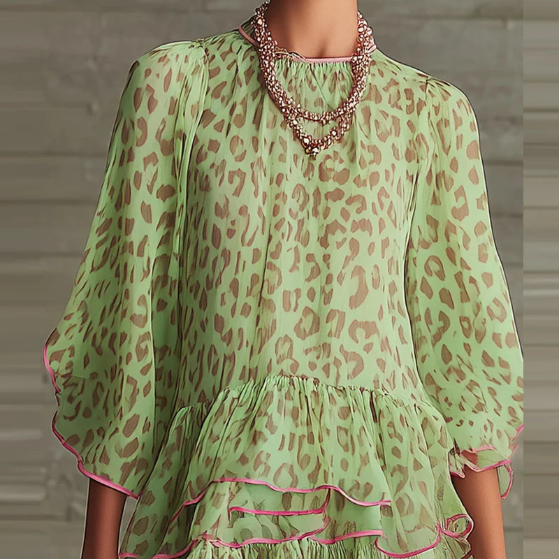 Green Leopard Print Ruffle Edge Mesh Dress for Women