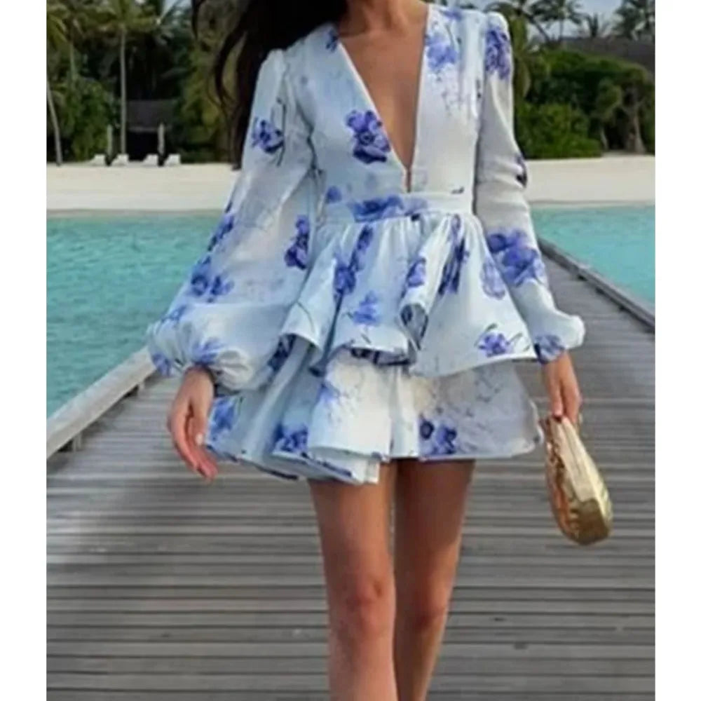 Elegant Deep V Neck Bubble Long Sleeve Patchwork Printed Mini Dress for Women