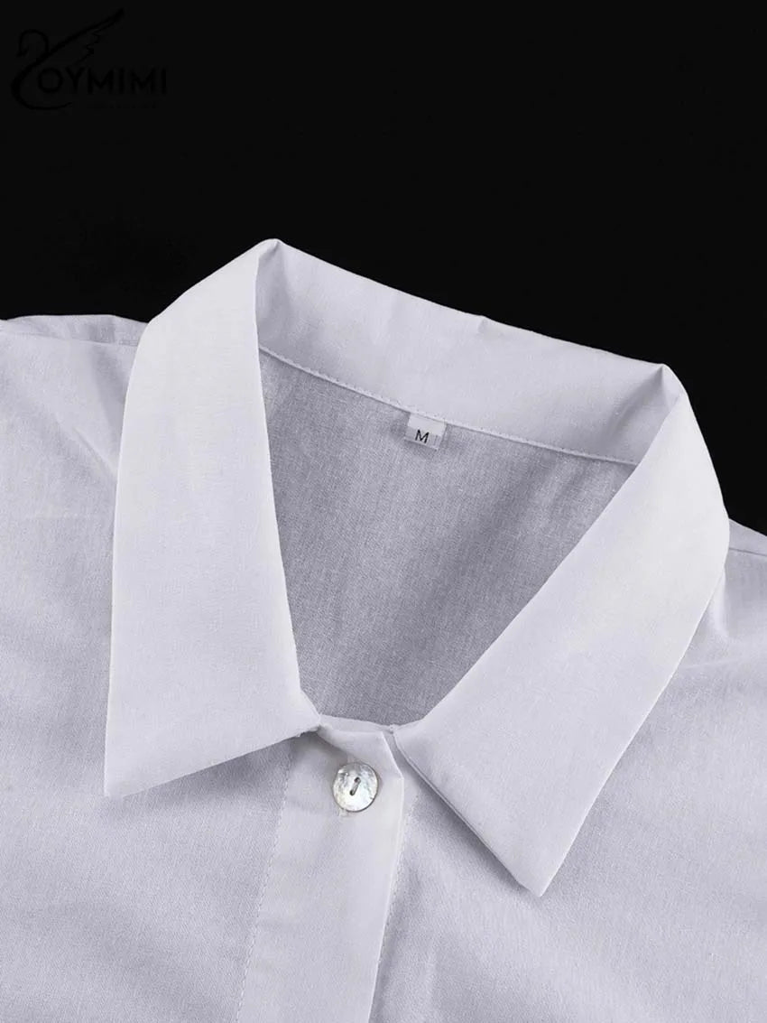 Oymimi Elegant White Cotton Sets For Women 2 Pieces Casual Lapel Long Sleeve Button Shirts And Ruffled Ankle-Length Pants Sets