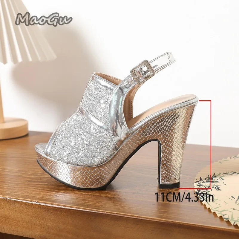 Silver Glitter Chunky Heel Peep Toe Platform Sandals For Women