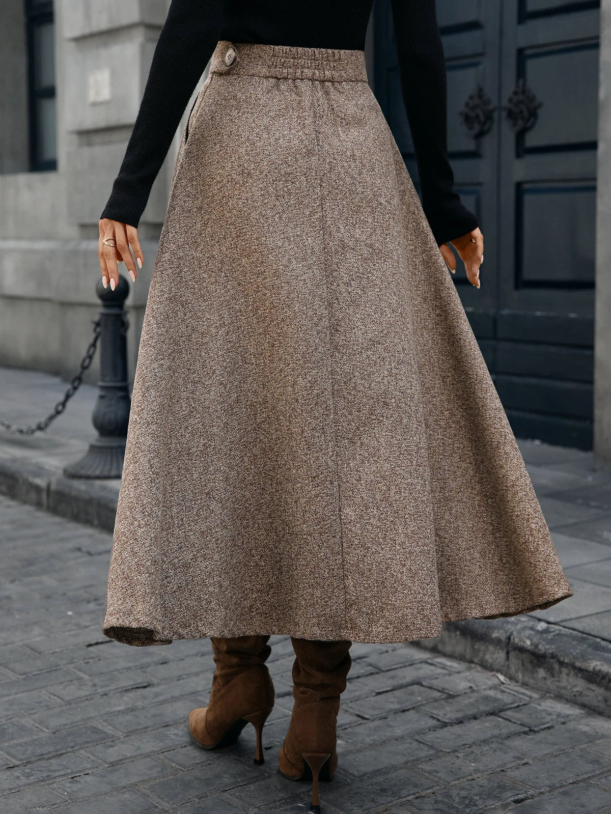 Tweed Ankle-Length A-Line Skirt with Elastic Waist for Women