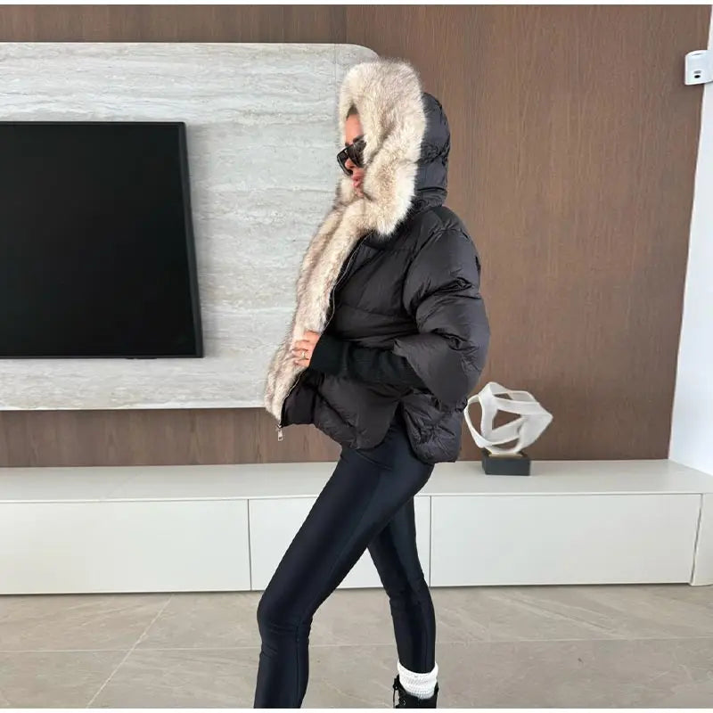 Vintage Women's Fur Coat Elegant Furs Collar Puffer Thicken Full Sleeve Jacket With Furs Female 2025 Autumn Winter Woman Coats