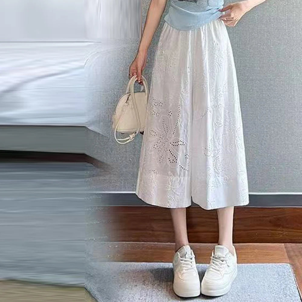 Hollow Out White Summer Wide Leg Cotton Pants for Women
