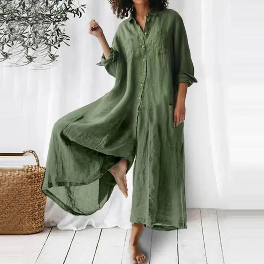 Oversized Cotton Linen Wide Leg Jumpsuit with Pockets for Women