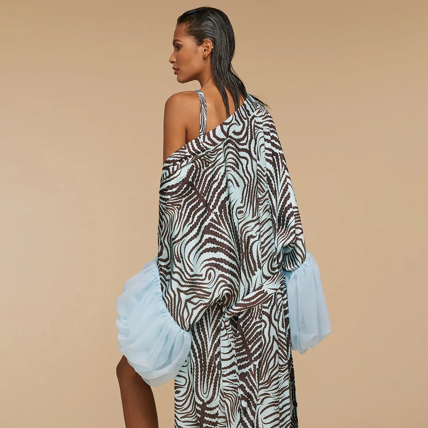 Vintage Floral Printed Chiffon Long Cardigan With Ruffle Sleeves for Women