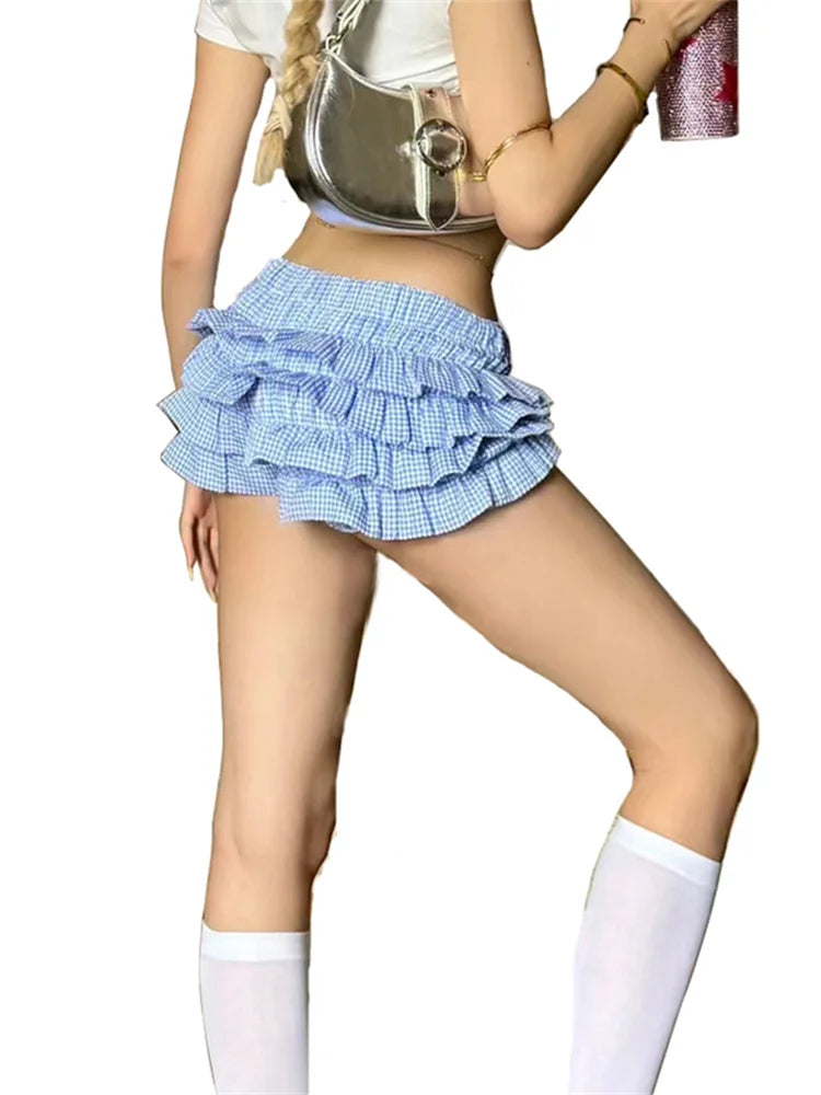 Layered Ruffle Elastic Waist Plaid Shorts for Women