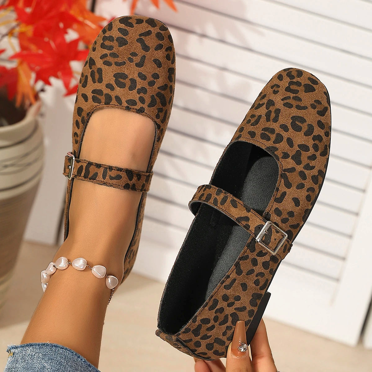 Leopard Print Suede Square Toe Low Heel Shoes for Women