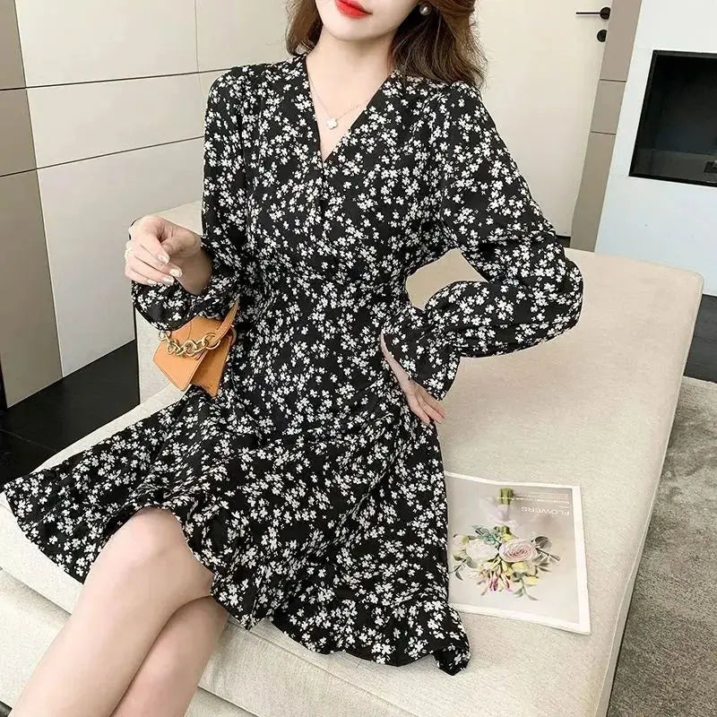 Floral Woman Long Sleeve Dress Chic And Elegant Pretty High Quality Flower Luxury Outfits Casual Youth Midi Dresses for Women