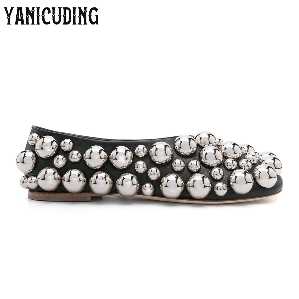 Metallic Stud Embellished Square Toe Ballet Flats for Women