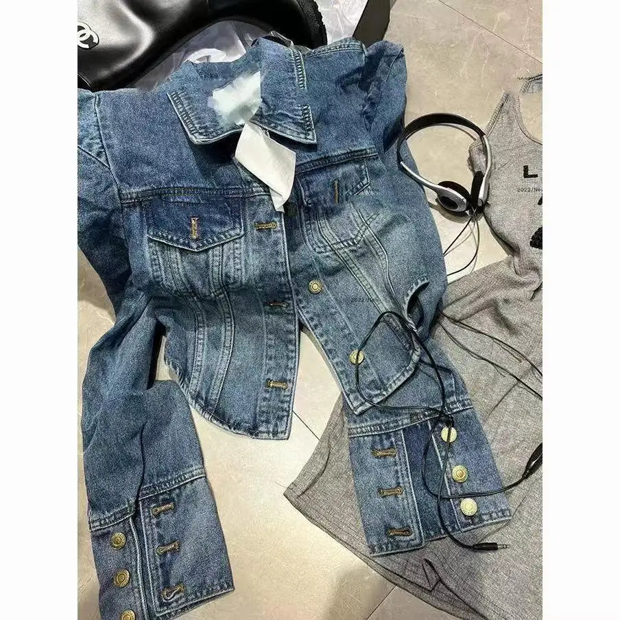 Vintage Inspired Turn Down Collar Cropped Denim Jacket for Women
