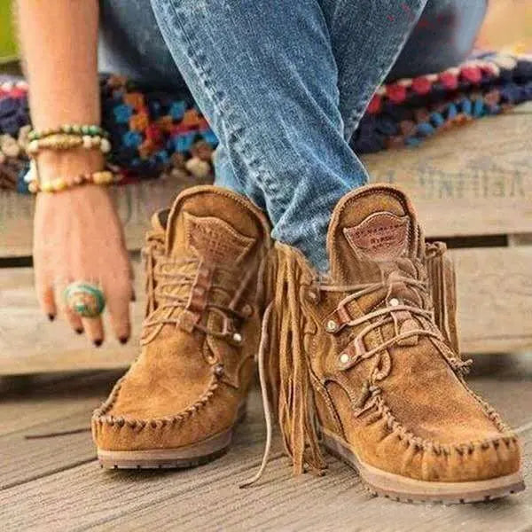 Vintage Pointed Toe Suede Western Ankle Boots With Tassels For Women