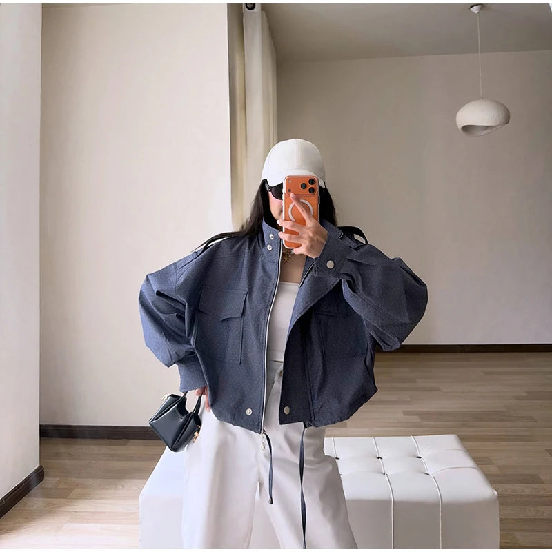 Casual Cropped Jacket With Stand Collar and Drawstring Hem for Women