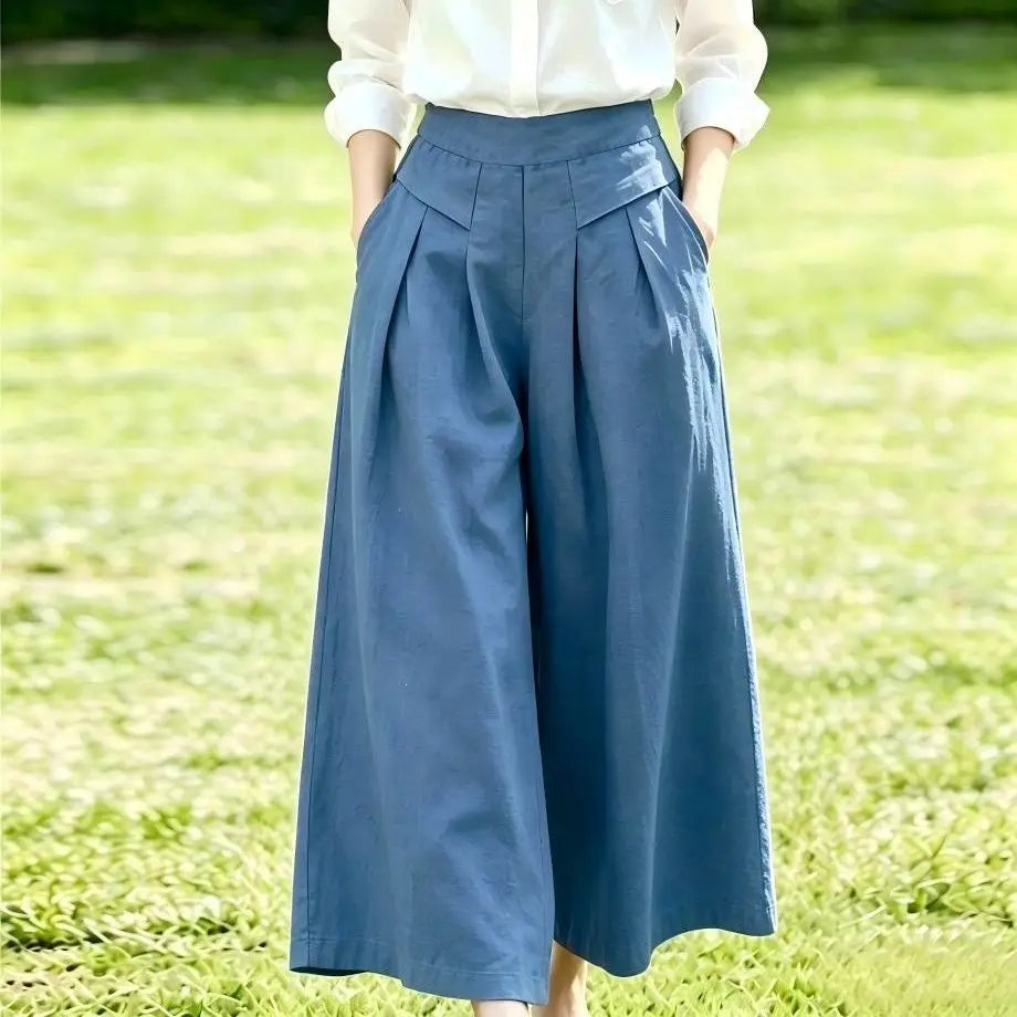 High-Waisted Cotton Linen Wide-Leg Culottes for Women